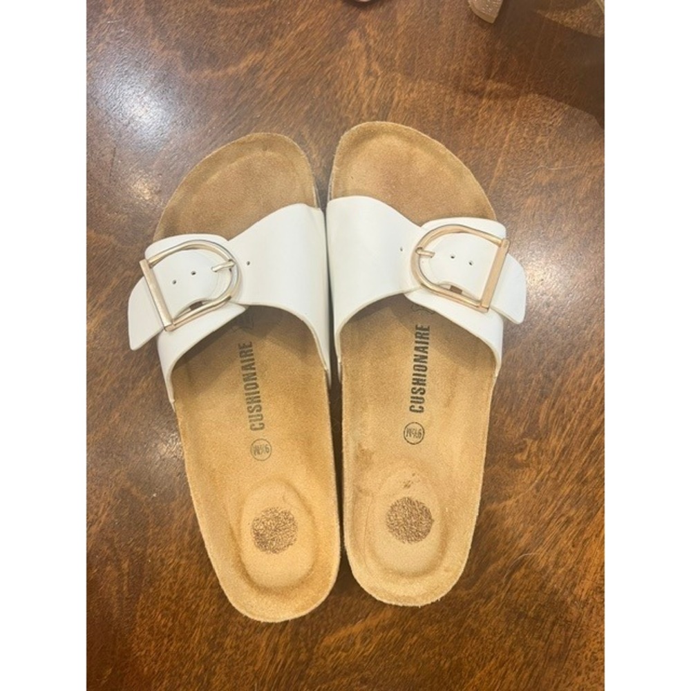 Cushionaire Lane White Cork Footbed Slide Sandals Womens 9.5M Gold Buckle Flat